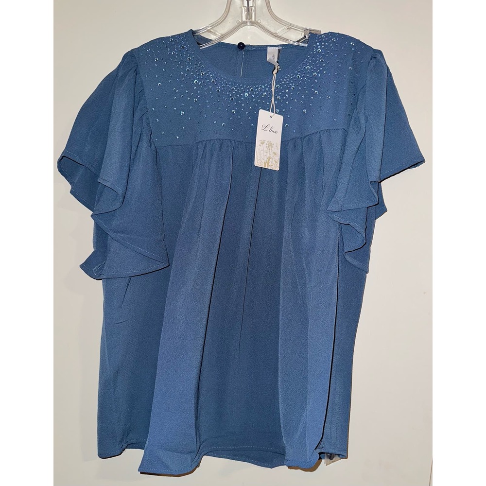 L Love Slate Blue Ruffled Sleeve Stud Top ~ S - Picture 1 of 2